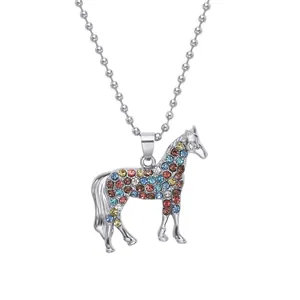 Kids silver horse necklace with colorful rhinestones and beaded chain for girls