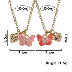 Detail view of BFF friendship necklaces with pink butterfly pendants and dimensions