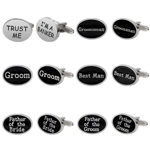 Gemelos de plata para hombre para boda con grabados de Groom y Best Man sobre esmalte negro