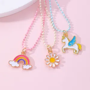 Children BFF Friendship Necklaces Colorful Alloy Enamel Unicorn Rainbow Daisy Pendant Jewelry Gift For Kids Girls