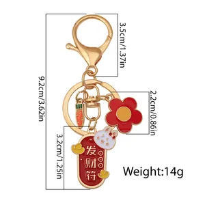 Detail of Chinese rabbit keychain with red enamel fortune tag and golden metal charms