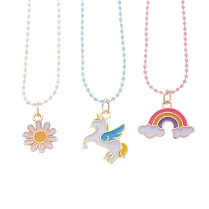 Kids BFF necklace set with unicorn rainbow and daisy pendants on colorful bead chains