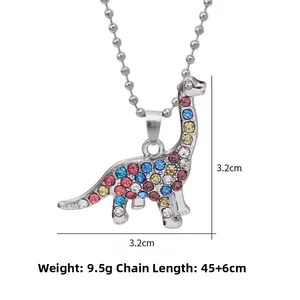 Detailed view of colorful rhinestone dinosaur necklace with dimensions and 925 mark