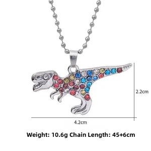 Detailed size chart of colorful rhinestone dinosaur pendant necklace with dimensions
