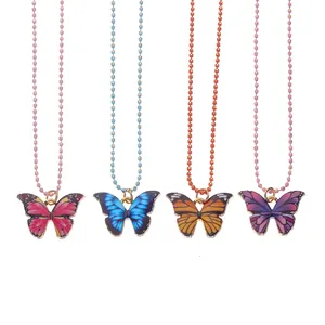 Bohemian colorful butterfly pendant necklaces with matching beaded chains in four vivid colors