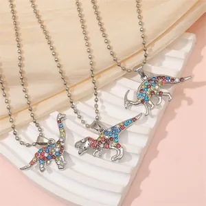 Colorful Rhinestone Dinosaur Pendant Necklace Alloy Cartoon Brachiosaurus T-Rex Parasaurolophus Jewelry For Kids Teens Daily Gift