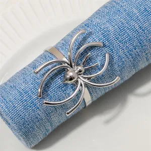 Gros plan détaillé du rond de serviette araignée argentée sur une serviette en tissu bleu