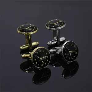 Boutons de Manchette Rétro en Alliage pour Hommes Cadran Rond Chiffres Arabes Boutons de Manchette Chemise Affaires Or Argent