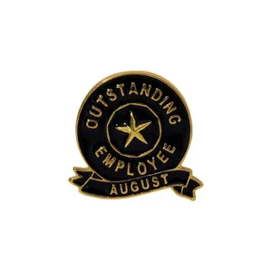Macro shot of Outstanding Employee August brooch with gold star on black ribbon pin