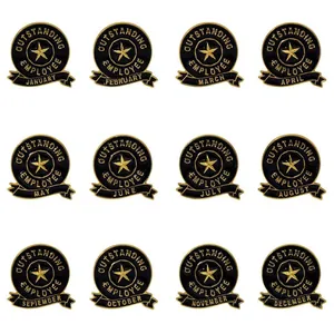 Detailed macro view of 12 monthly Outstanding Employee black enamel pins with gold stars