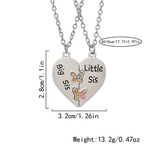 Ensemble de colliers cœur papillon Big Sis et Little Sis avec dimensions du produit
