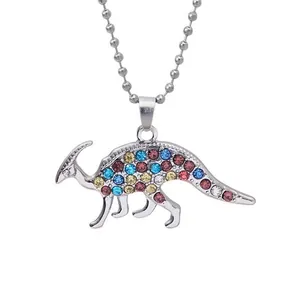 Detailed close-up of Parasaurolophus dinosaur pendant with colorful rhinestones on silver chain