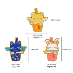 Cartoon rabbit and bear bubble tea alloy pins with precise dimensions and weight details