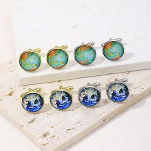 Vintage Round Alloy Glass World Map Earth Globe Cufflinks Men Shirt Business Jewelry Accessories Gold Silver Plated Enamel Men Cufflinks Gift