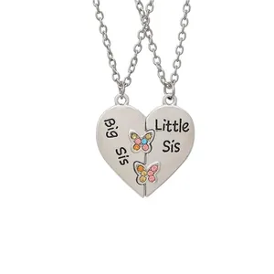 Colliers pendentifs cœur papillon Big Sis et Little Sis en argent pour sœurs
