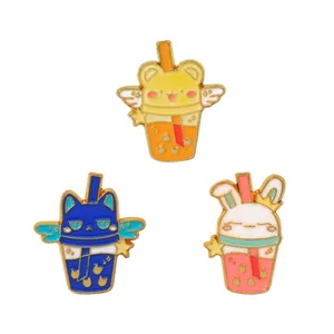 Cartoon Animal Bubble Tea Cup Enamel Pin Brooch Cute Rabbit Cat Bear Wings Star Alloy Badge For Bag Clothes Jewelry