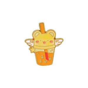 Cute winged bear bubble tea enamel pin made of yellow alloy with detailed gold plating