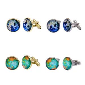Men's world map cufflinks set with globe pattern and polished gold and silver metal base