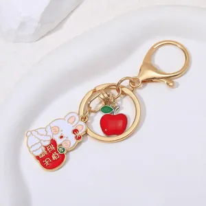 Cute bunny and apple metal keychain with gold lobster clasp and lucky charm