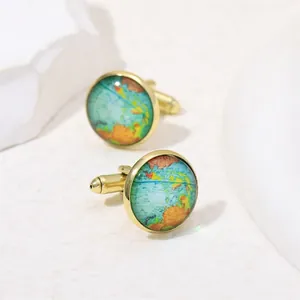 Men's golden round world map cufflinks with crystal accents for formal business shirts