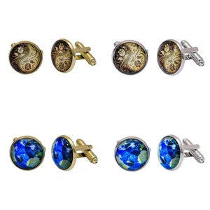 Round world map and rose pattern shirt cufflinks with silver and gold metal finish