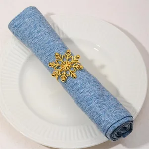 Close-up of golden snowflake napkin ring on blue napkin over a textured white plate