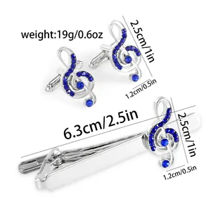 Detail showing musical note cufflinks and tie clip set dimensions and weight specs