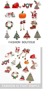 Detailed close-up of festive Christmas enamel pins featuring trees and Santa Claus motifs
