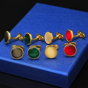 Elegante juego de gemelos redondos dorados con circonitas y piedras ojo de gato en 4 colores