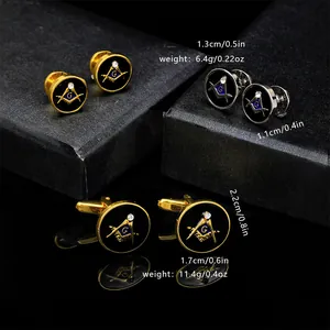 Macro detail of Masonic enamel cufflinks and stud set with Freemasonry logo and white crystal