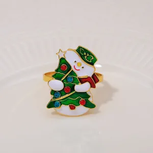 Detail of Christmas snowman and tree napkin ring with colorful crystals on a plate