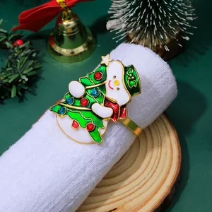 Detail of Christmas snowman and tree napkin ring with colorful enamel and rhinestones