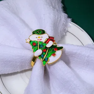 Christmas Snowman Holding Tree Napkin Ring Alloy Enamel Gold Plated Napkin Buckle With Rhinestone For Festive Table Decor