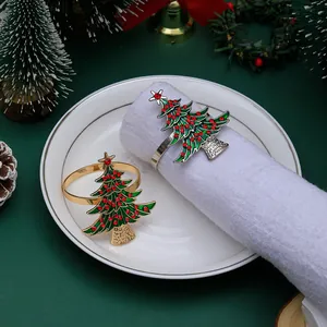 Christmas tree napkin rings with green enamel and red rhinestones for table decor