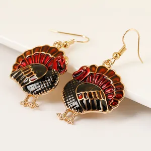 Enamel turkey drop earrings in vintage gold alloy for Thanksgiving festive jewelry