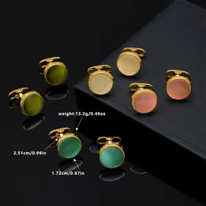 Macro shot of gold-plated cufflinks with colorful crystal stones and exact dimensions