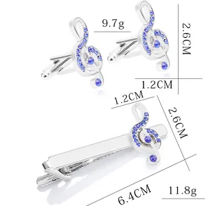 Business cufflinks and tie clip set with blue crystal music note G-clef design