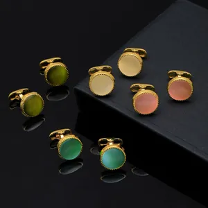 Luxury round cufflinks set for men with gold base and colorful crystal inlays
