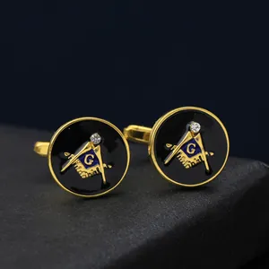 Classic Freemason gold cufflinks with black enamel and compass square logo for men