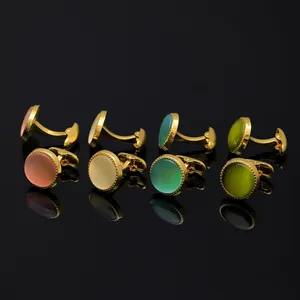Luxury Gold Plated Round Alloy Zirconia Cufflinks With Cat Eye Stone Business Suit Accessories For Men Wedding Banquet Jewelry