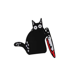 Quirky black cat enamel pin holding a bloody knife on a minimalist white background