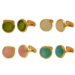 Elegant round crystal cufflinks set for men with premium zircon stones in four vibrant colors
