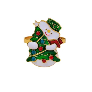 Christmas snowman and tree napkin ring with colorful enamel and gold metal finish