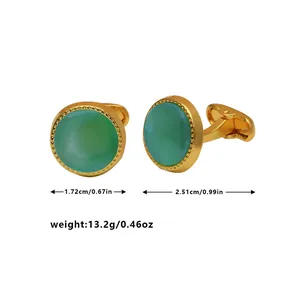 Detailed view of luxury men's gold cufflinks with round green crystal and measurements