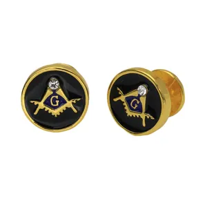 Golden Freemasonry cufflinks with black enamel circle and G compass emblem for French shirts