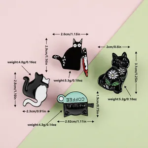 Set of four cute cartoon cat enamel pins featuring black cat and coffee themes