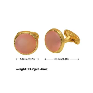 Golden round cufflinks with pink gemstone and zircon inlay for men suit accessories