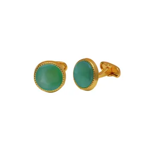 Elegant gold round cufflinks for men featuring green crystal stone and beaded edge trim