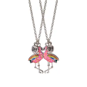 Collane BFF a fenicottero per migliori amiche con smalto rosa e glitter arcobaleno