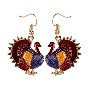 Minimalist Thanksgiving turkey drop earrings with colorful enamel in gold alloy setting